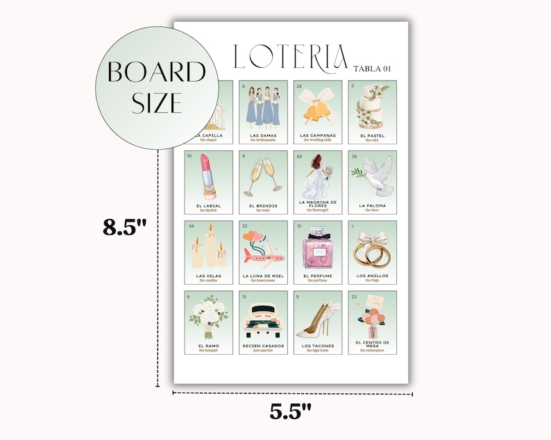 May include: A green and white wedding themed Loteria game board with 16 squares. Each square features a different illustration and Spanish text. The board measures 8.5 inches by 5.5 inches.