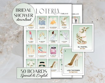 Bridal Shower Loteria Game | Spanish & English | 50 Boards, 54 Card Deck | Print and Cut | Bachelorette Games | Despedida de Soltera Loteria