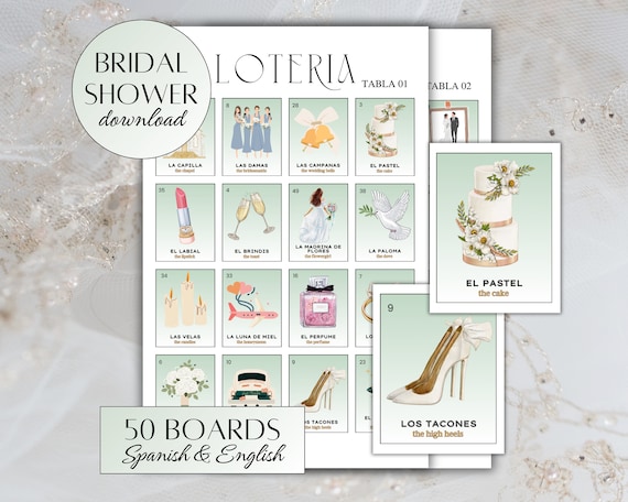 Bridal Shower Loteria Game | Spanish & English | 50 Boards, 54 Card Deck | Print and Cut | Bachelorette Games | Despedida de Soltera Loteria
