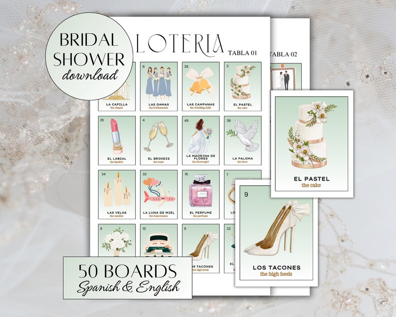 May include: A set of 50 printable bridal shower game cards in Spanish and English. The cards feature illustrations of wedding-related items, such as a wedding cake, a dove, and a pair of high heels. The cards are designed to be used for a traditional Mexican game called Loteria.