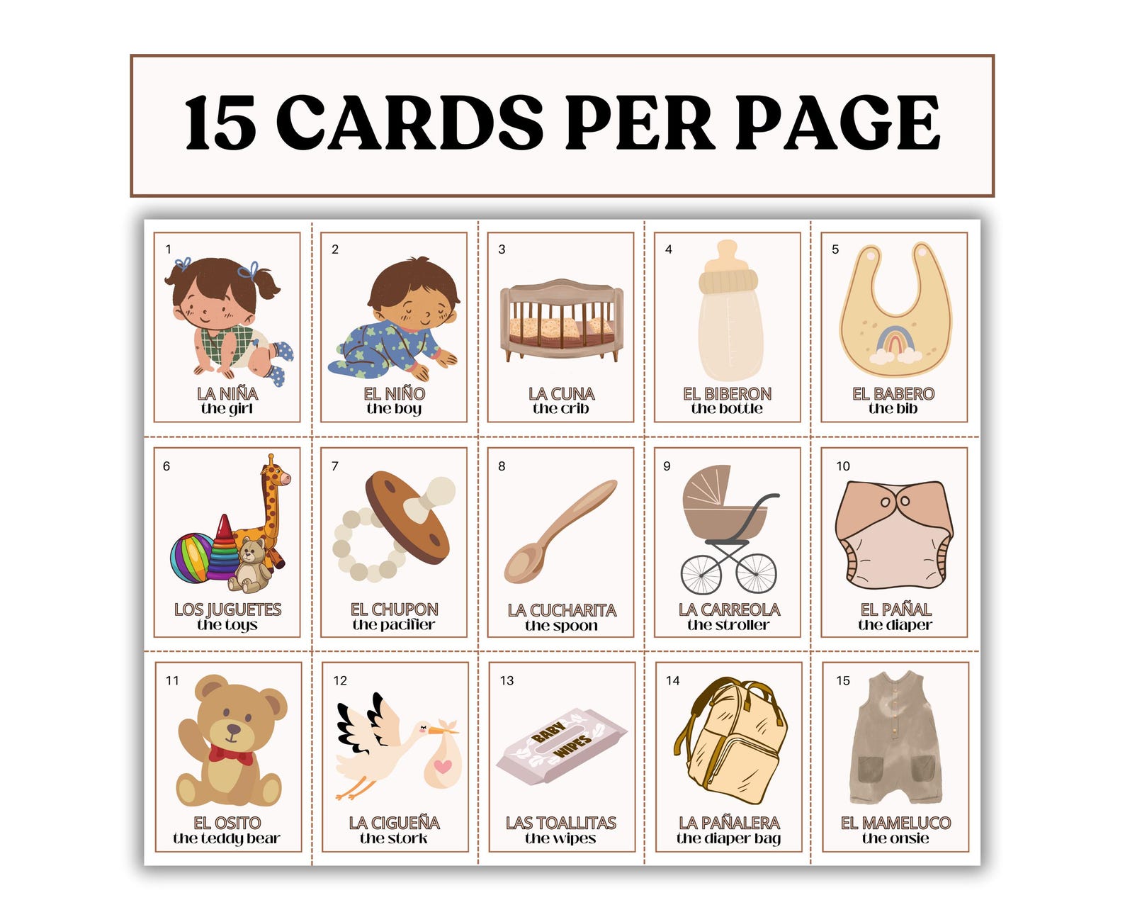 Neutral Baby Shower Loteria Game | Spanish English | 50 Boards & 54 ...