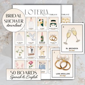 Bridal Shower Loteria Game | Spanish & English | 50 Boards, 54 Card Deck | Print and Cut | Bachelorette Games | Despedida de Soltera Loteria