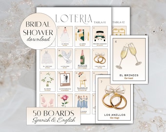 Bridal Shower Loteria Game | Spanish & English | 50 Boards, 54 Card Deck | Print and Cut | Bachelorette Games | Despedida de Soltera Loteria
