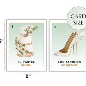 May include: Two illustrated cards with a light green background. The first card shows a white wedding cake with white flowers and gold accents. The text on the card reads "EL PASTEL the cake". The second card shows a pair of white high heels with a white bow. The text on the card reads "LOS TACONES the high heels".
