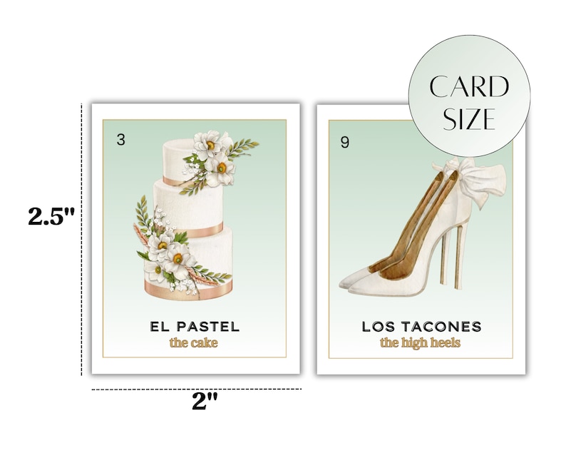 May include: Two illustrated cards with a light green background. The first card shows a white wedding cake with white flowers and gold accents. The text on the card reads "EL PASTEL the cake". The second card shows a pair of white high heels with a white bow. The text on the card reads "LOS TACONES the high heels".