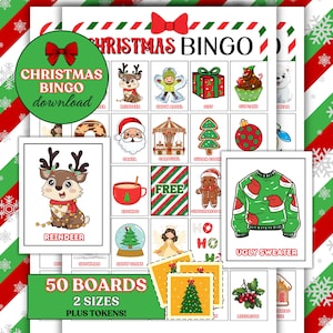 Christmas Bingo |50 Christmas Bingo Cards,54 Card Deck & Tokens |Christmas Activity | Kids Christmas Party Game |Family Christmas Bingo Game