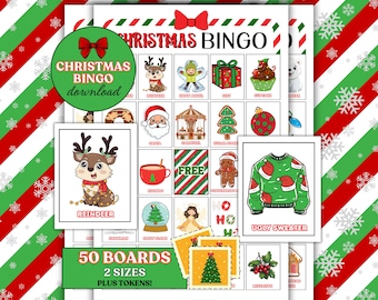 Christmas Bingo |50 Christmas Bingo Cards,54 Card Deck & Tokens |Christmas Activity | Kids Christmas Party Game |Family Christmas Bingo Game
