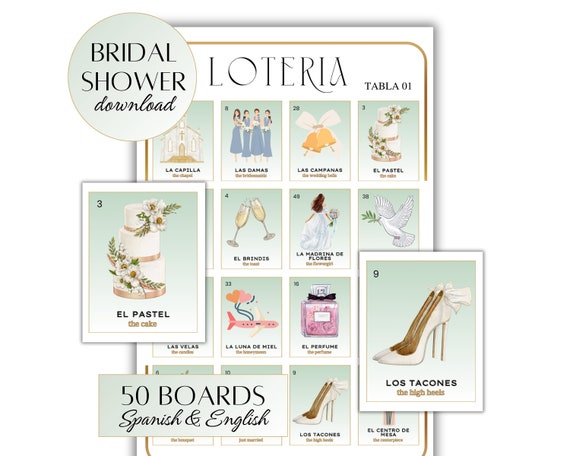 Bridal Shower Loteria Game | Spanish & English | 50 Boards, 54 Card Deck | Print and Cut | Bachelorette Games | Despedida de Soltera Loteria