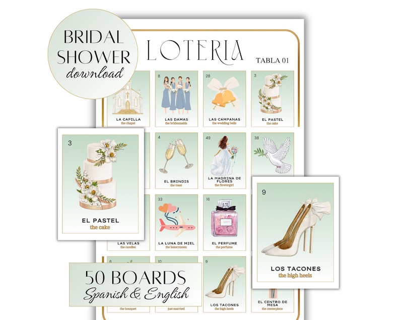 May include: A green and gold printable bridal shower game board with the title "Loteria" and the text "Tabla 01". The board features 16 squares with images of wedding-related items, such as a church, wedding bells, a cake, and a bride.