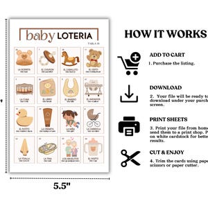 May include: A printable baby shower game, "Baby Loteria", with a brown and white color scheme. The game includes 16 cards with illustrations of baby items, such as a rattle, a bib, a crib, and a bottle. The game also includes instructions on how to play.