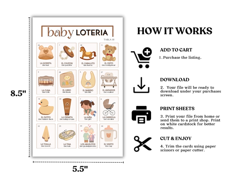 May include: A printable baby shower game, "Baby Loteria", with a brown and white color scheme. The game includes 16 cards with illustrations of baby items, such as a rattle, a bib, a crib, and a bottle. The game also includes instructions on how to play.