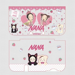 May include: A pink and white schedule organizer with cartoon illustrations. The top section features two girls in heart-shaped frames, strawberries, and the word "NANA." The bottom section has the word "NANA" and cartoon characters. The organizer has a dotted border.