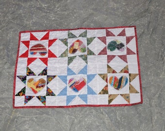 Scrappy Hearts and Stars Table Mat Table Runner Mini Quilt