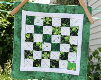 Quilted Coaster Mug Rug or Mini Quilt in Green and White