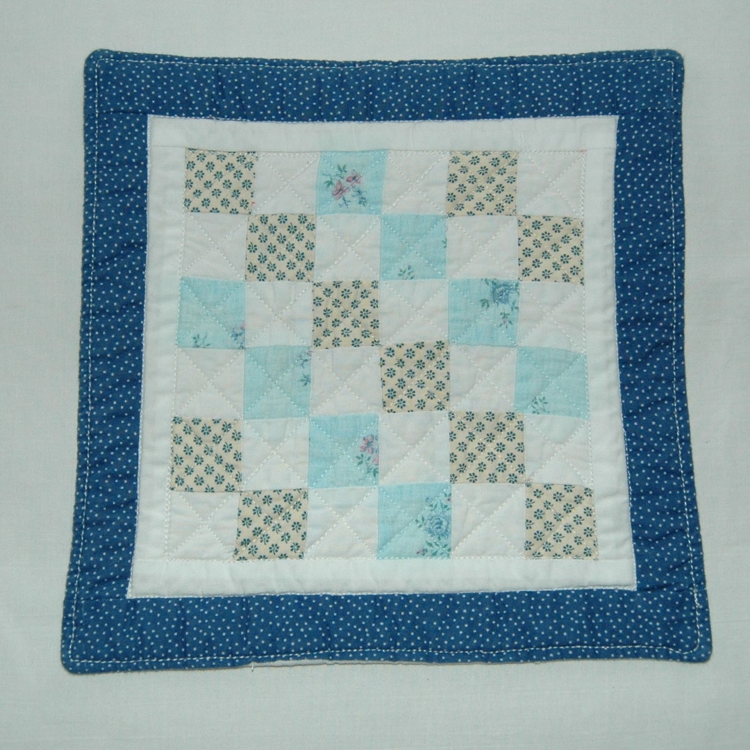 Scrappy Blue Quilted Mini Quilt Mug Rug or Coaster One of A - Etsy