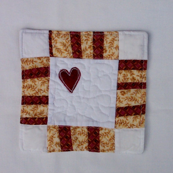 Quilted Coaster Mug Rug or Mini Quilt Scrappy Strings with Red Heart