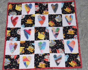 Scrappy Hearts and Tea Table Mat Table Runner Mini Quilt