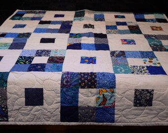 Blue and White Scrappy Table Runner, Table Mat, Small Quilt