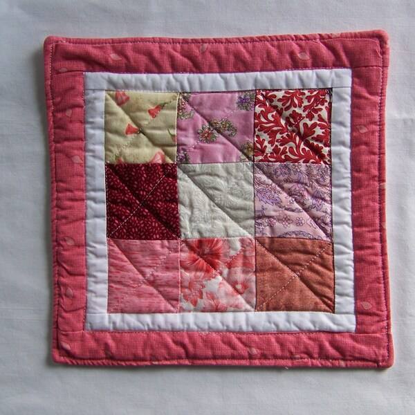 Pink and White Quilted Coaster Mug Rug or Mini Quilt One of a Kind