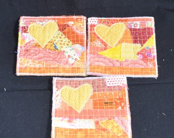 Quilted Raw Edge Rustic Scrappy Coaster With Heart