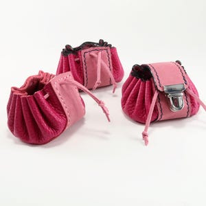 Leather coin purse / pouch in magenta & pink with drawstring, optional clasp closure