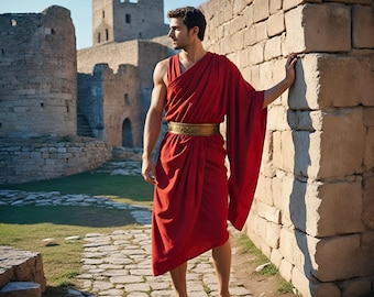 Roman Style Red Toga | Men Classic Historical Medieval Costume | Elegant Ancient Renaissance Costume | Unique Gladiator Costume Gift for Him