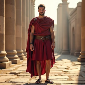 May include: A man wearing a red toga with a brown leather belt and sandals. He is standing in front of a row of columns.