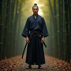 K&ouml;nnte beinhalten: Ein Mann in einem schwarzen Kimono steht in einem Bambuswald. Er tr&auml;gt einen schwarzen G&uuml;rtel und h&auml;lt ein Schwert. Der Wald wird von Sonnenlicht beleuchtet.