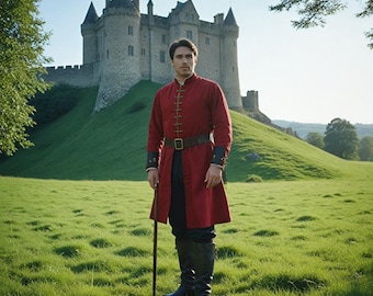 Mittelalterliche Edelmann Tunika | Renaissance Jahrmarktskostüm | Regal Red Long-Sleeve Robe | Historisches Ritter Outfit | LARP & Cosplay Kleidung