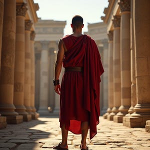 May include: A person wearing a red toga-style robe stands in a hallway with columns. The robe is draped over the person's shoulders and has a belt around the waist.