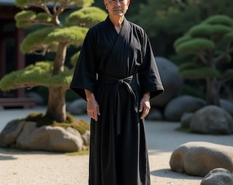 Traditional Zen Monk Robe | Black Samurai Kimono Outfit | Buddhist Meditation Clothing | Japanese Yukata for Men | Martial Arts Costume
