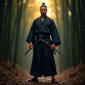 K&ouml;nnte beinhalten: Ein Mann in einem schwarzen Kimono und einem schwarzen G&uuml;rtel mit goldener Schnalle. Er h&auml;lt ein Katana-Schwert in seiner rechten Hand. Der Mann steht in einem Bambuswald.