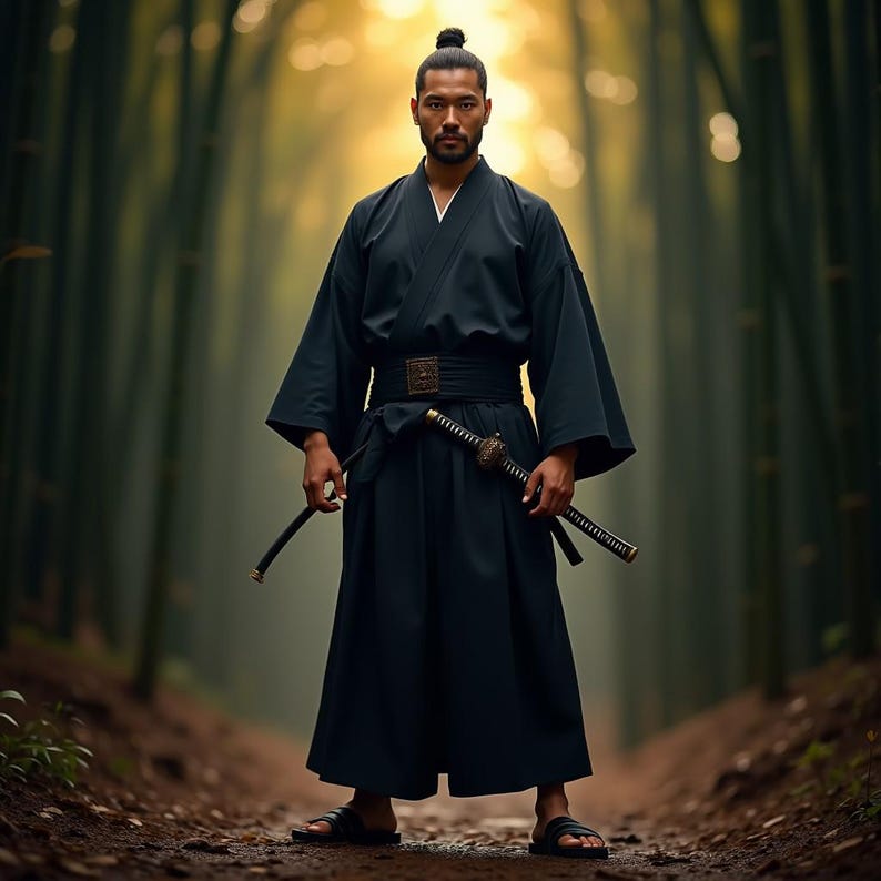 K&ouml;nnte beinhalten: Ein Mann in einem schwarzen Kimono und einem schwarzen G&uuml;rtel mit goldener Schnalle. Er h&auml;lt ein Katana-Schwert in seiner rechten Hand. Der Mann steht in einem Bambuswald.