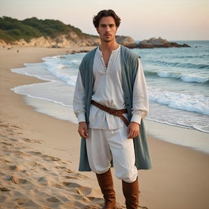 Men&#39;s Beach-Inspired Linen Tunic | Medieval Fantasy Cosplay Costume | Light Blue and White Spring Costume | Vintage Inspired Warrior Costume