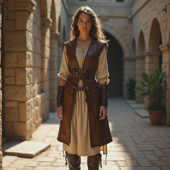 Women's Genuine Leather Vest | Warrior Medieval Long Coat | Sleeveless Vintage Style Cosplay Costume | LARP Shield Maiden Outfit