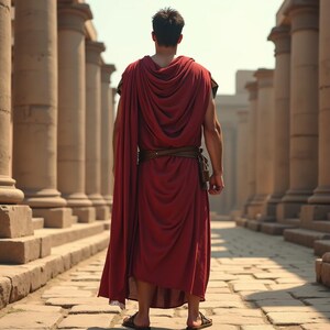May include: A man wearing a red toga with a brown leather belt walks through a colonnade.