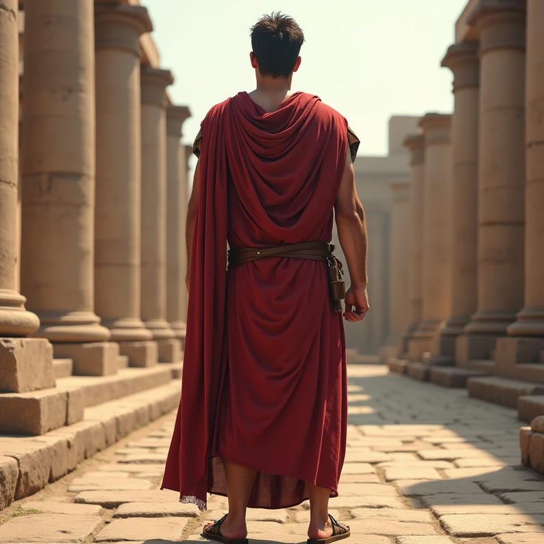 May include: A man wearing a red toga with a brown leather belt walks through a colonnade.