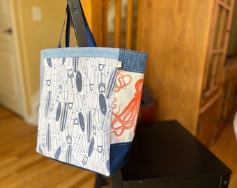 T-Shirt Tote - Ready to Ship - Patchwork Cub Style Bag - Patchwork Project Bag - Knitting Bag - Crochet Bag - Grab Handle Tote Bag