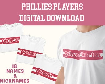 Designs de nomes de jogadores do Philadelphia Phillies – 18 arquivos PNG digitais – Fundo transparente – Perfeito para camisetas, transferências e outros projetos!