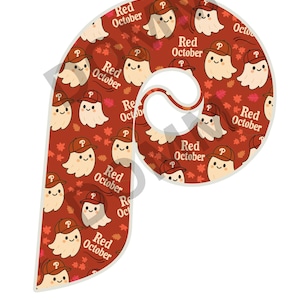 May include: A decorative letter "P" with a repeating pattern of cartoon ghosts wearing baseball caps. The ghosts are on a red background with the words "Red October" and autumn leaves. The baseball caps have a "P" on them.