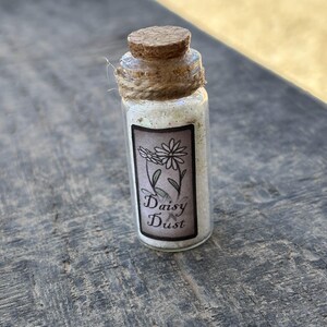 May include: A small glass bottle with a cork stopper and a label that reads "Daisy Dust". The bottle is filled with white glitter and has a brown twine tied around the neck.