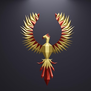 May include: A geometric, low-poly design of a phoenix in gold and red. The bird is depicted with outstretched wings and a stylized tail, set against a dark gray background. The artwork has a modern, digital aesthetic.