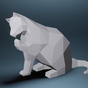 Cat Wash Up Paper Craft, 3D PDF SVG DXF Template, Papercraft Animals, Low Poly Diy, Paper Statue, Trophy, Sculpture, Cat Wash Up Model