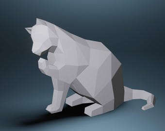 Papel para lavar louça de gato, modelo 3D PDF SVG DXF, animais de papel, faça você mesmo com baixo teor de polígonos, estátua de papel, troféu, escultura, modelo para lavar louça de gato