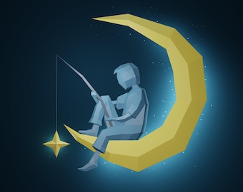 Puede incluir: Ilustración digital de una persona pescando desde una luna creciente. La persona y la luna están representadas en un estilo de baja poli con tonos de azul y amarillo. Una estrella dorada cuelga del sedal sobre un fondo azul oscuro.
