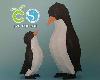 Papercraft Penguins- SVG, DXF, PDF | Low Poly Penguins for Cricut and Silhouette | 3D Model | Paper Origami Template | Animal Papercraft