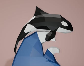 WHALE PAPERCRAFT Orca On Wave Animal 3D Low Poly Paper Sculpture DIY gift  for home pepakura pattern template Animal Trophy Whale Low poly