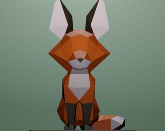 Renard en papier, renard mignon, motifs numériques, créations en papier low poly, personnage de renard, créations en papier, origami, low poly