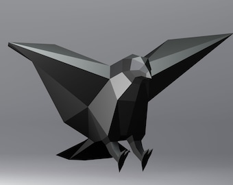 Cuervo en papel, Cuervo, SVG, Plantilla PDF, Estatua de papel, Modelo 3D de cuervo de baja poligonización, Plantilla digital, Descarga, Pájaro en papel