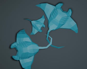 Papercraft Manta Ray Family, PDF-SVG, 3D Papercraft template, Low poly, Paper Sculpture Pattern, Make Your Own Trophy, Wall Decor